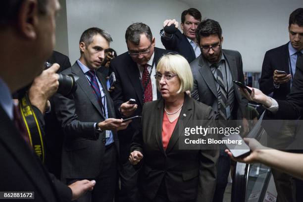 Senator Patty Murray, a Democrat from Washington, speaks to members of the media while heading to a roll call vote on Capitol Hill in Washington,...