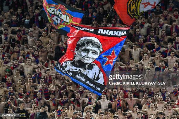 Moscow's fans during the UEFA Champions League Group A football match between PFC CSKA Moscow and FC Basel 1893 at the VEB Arena stadium in Moscow on...