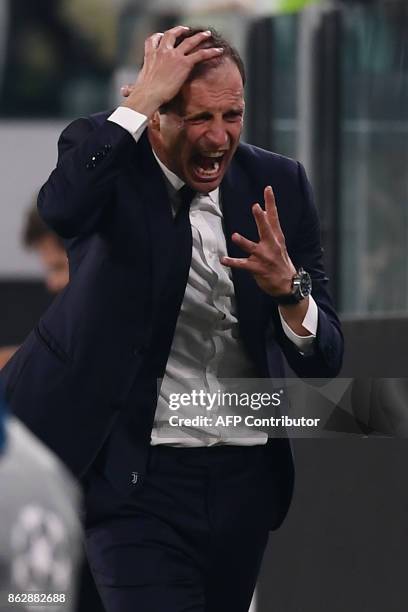 Juventus' coach from Italy Massimiliano Allegri reacts during the UEFA Champions League Group D football match Juventus vs Sporting CP at the...