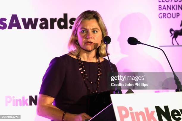 Joint winner of the Politician of the Year award, Justine Greening, Secretary of State for Education, speaks on stage during the Pink News Awards...