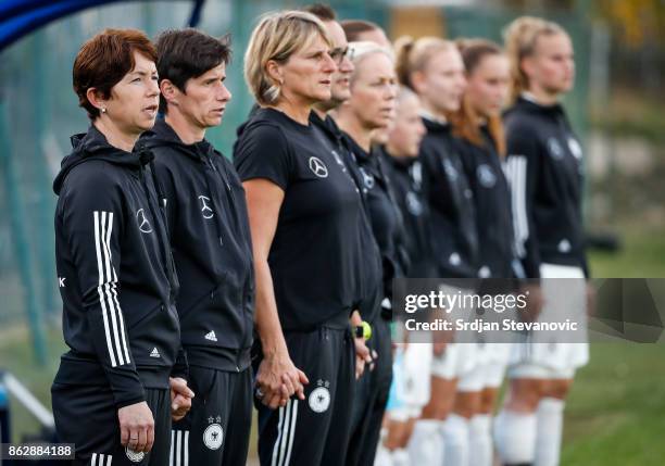 Head coach Maren Meinert of Germany sings the national anthem prior to the international friendly match between U19 Women's Serbia and U19 Women's...