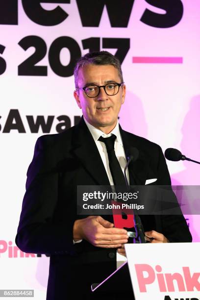 Director Fergus O'Brien accepts the award for 50th Anniversary Coverage for 'Against The Law' at the Pink News Awards 2017 held at One Great George...