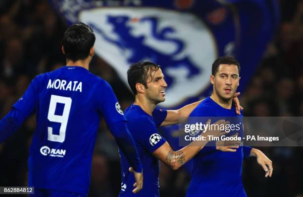 Chelsea's Eden Hazard celebrates scoring his side's second goal of the game during with Cesc Fabregas and Alvaro Morata the UEFA Champions League,...