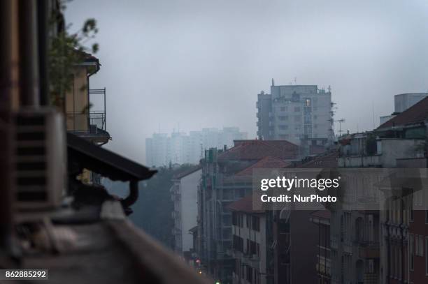 View of pollution in Milan City, on October 18, 2017. On saturday fine particulate matter exceeded the alert threshold of 50 micrograms per cubic...