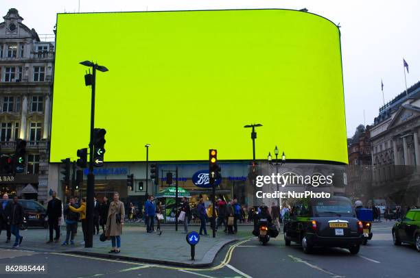 Piccadilly Circus billboard displays a test screen, London on October 18, 2017. The digital billboard will be switched on later in October with an...