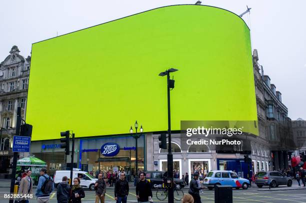 Piccadilly Circus billboard displays a test screen, London on October 18, 2017. The digital billboard will be switched on later in October with an...