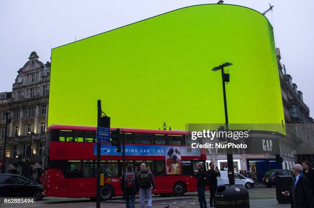 Piccadilly Circus billboard displays a test screen, London on October 18, 2017. The digital billboard will be switched on later in October with an...