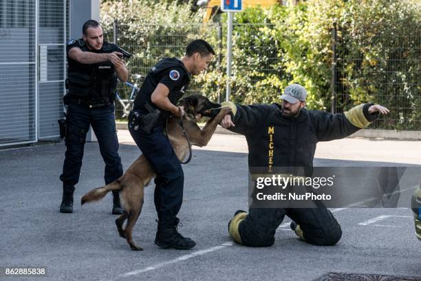 Arresting exercises with dogs were held all day for visitors, in Lyon, France, on October 18, 2017 during the Citizens' Defense Day.