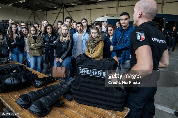 Members of the mobile gendarmerie display their intervention equipment, in Lyon, France, on October 18, 2017 during the Citizens' Defense Day.