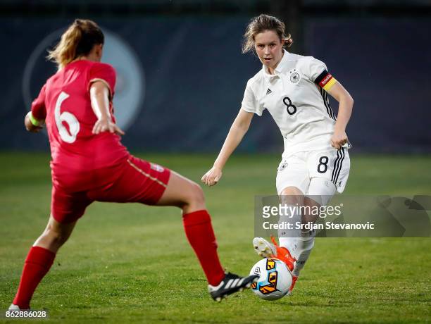 Jana Feldkamp of Germany in action against Nevena Milivojevic of Serbia during the international friendly match between U19 Women's Serbia and U19...