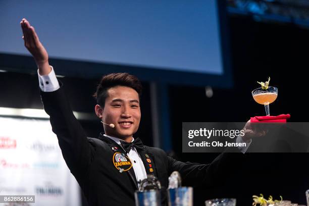 Chun-Shen Chen of Taiwan competes in the International Bartender Association's World Cocktail Championship 2017 final on October 18, 2017 in...