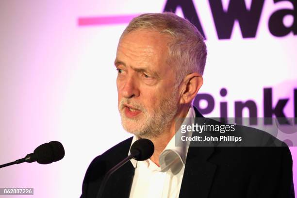 Labour Party Leader Jeremy Corbyn speaks on stage at the Pink News Awards 2017 held at One Great George Street on October 18, 2017 in London, England.