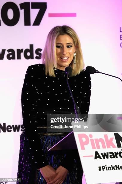 Stacey Solomon speaks on stage during the Pink News Awards 2017 held at One Great George Street on October 18, 2017 in London, England.
