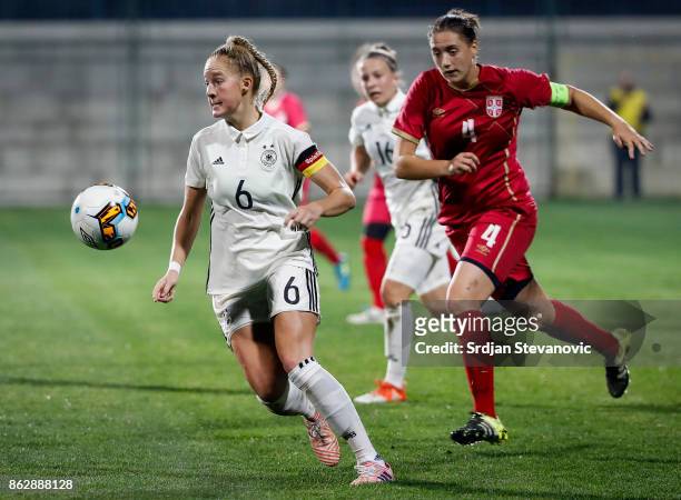 Janina Minge of Germany in action against Tijana Djordjevic of Serbia during the international friendly match between U19 Women's Serbia and U19...