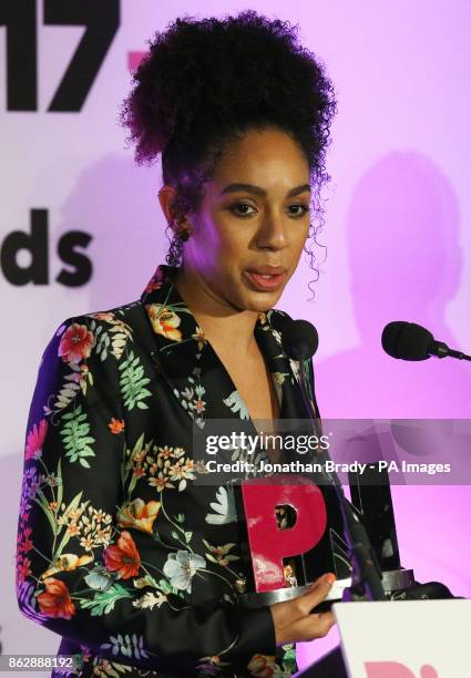 Pearl Mackie receives a PinkNews Ally Award on behalf of the BBC programme Doctor Who during the the PinkNews awards dinner at One Great George...