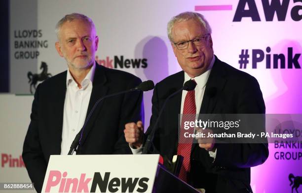 Labour leader Jeremy Corbyn looks on as Chris Smith speaks during the the PinkNews awards dinner at One Great George Street in London.