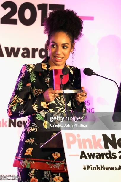 Actress Pearl Mackie receives an Ally award on behalf of television show Doctor Who at the Pink News Awards 2017 held at One Great George Street on...