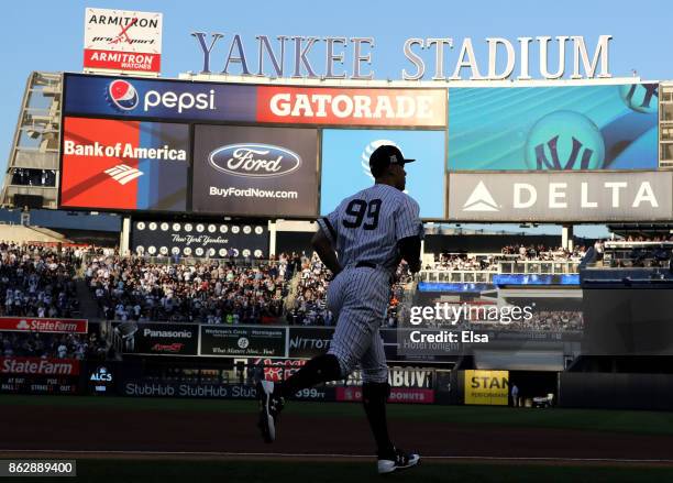 Aaron Judge of the New York Yankees takes the field against the Houston Astros in Game Five of the American League Championship Series at Yankee...