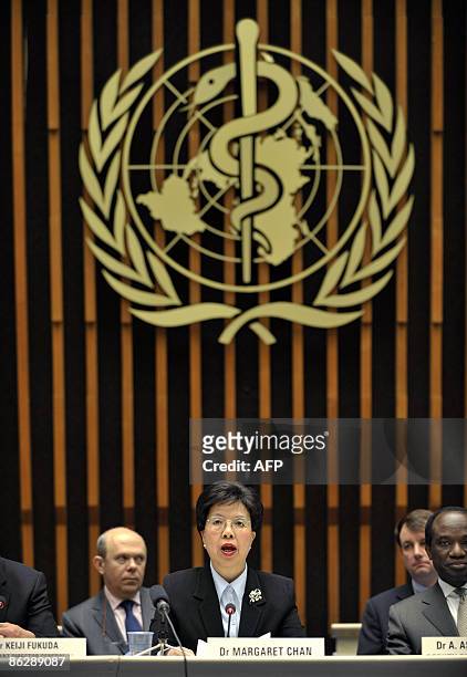 World Health Organisation chief Margaret Chan answers to journalist during a press conference after WHO raised its flu alert to phase five out of...