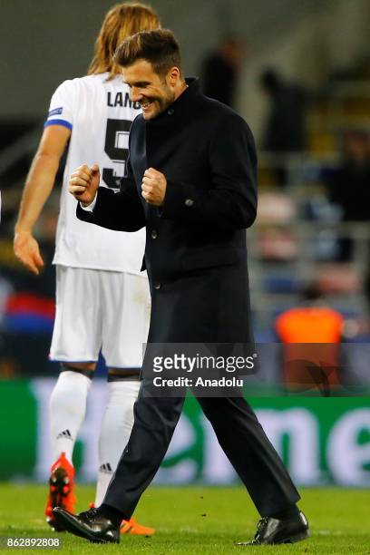 Raphael Wicky head coach of FC Basel celebrates after the UEFA Champions League Group A soccer match between CSKA Moscow and Basel at VEB Arena in...