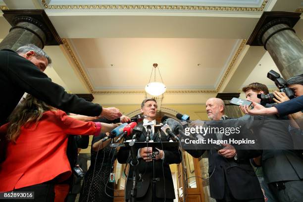 Caretaker Prime Minister Bill English speaks to media prior to a NZ First announcement at Parliament on October 19, 2017 in Wellington, New Zealand....