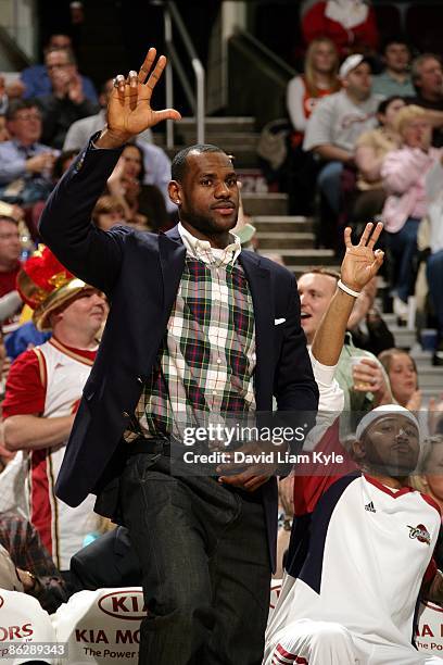 LeBron James of the Cleveland Cavaliers reacts from the sideline during the game against the Philadelphia 76ers at Quicken Loans Arena on April 15,...