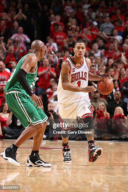 Derrick Rose of the Chicago Bulls drives the ball against Ray Allen of the Boston Celtics in Game Four of the Eastern Conference Quarterfinals during...