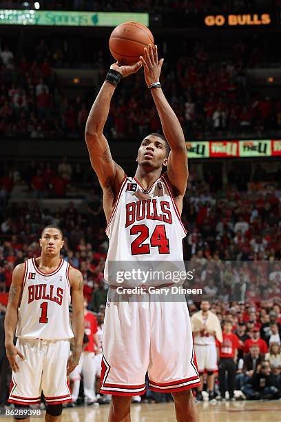 Tyrus Thomas of the Chicago Bulls shoots a free throw in Game Four of the Eastern Conference Quarterfinals against the Boston Celtics during the 2009...