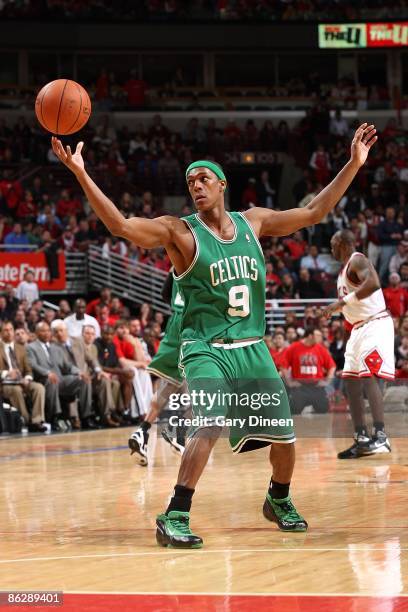 Rajon Rondo of the Boston Celtics rebounds the ball in Game Four of the Eastern Conference Quarterfinals against the Chicago Bulls during the 2009...