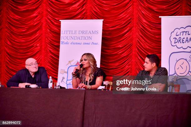 Phil Collins, Orianne Collins and Jean Pierre Espiritusanto attend the Little Dreams Foundation Gala Press Conference at Faena Hotel on October 18,...