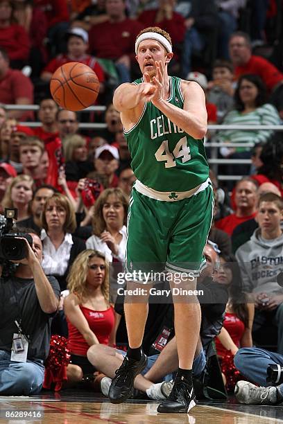 Brian Scalabrine of the Boston Celtics passes the ball in Game Four of the Eastern Conference Quarterfinals against the Chicago Bulls during the 2009...