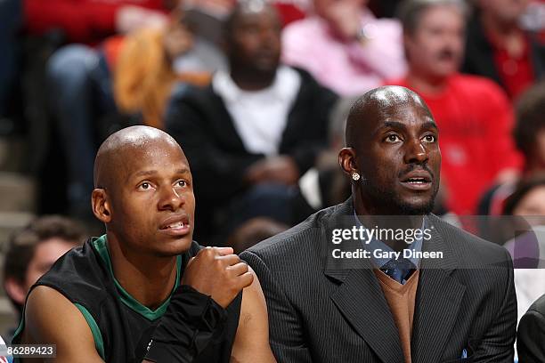 Ray Allen and Kevin Garnett of the Boston Celtics watch from the sidelines in Game Four of the Eastern Conference Quarterfinals against the Chicago...