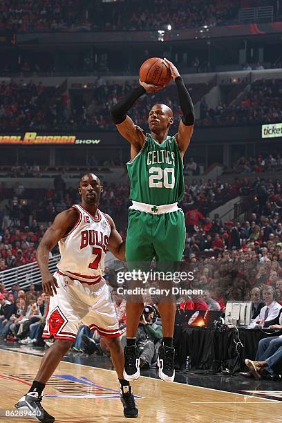 Ray Allen of the Boston Celtics shoots a jumper against Ben Gordon of the Chicago Bulls in Game Four of the Eastern Conference Quarterfinals during...