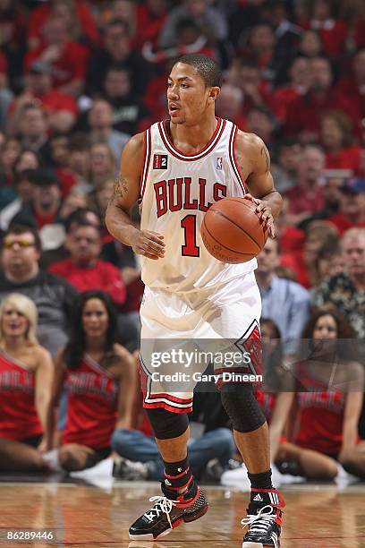 Derrick Rose of the Chicago Bulls drives the ball up court in Game Four of the Eastern Conference Quarterfinals against the Boston Celtics during the...