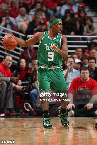 Rajon Rondo of the Boston Celtics moves the ball to the basket in Game Four of the Eastern Conference Quarterfinals against the Chicago Bulls during...