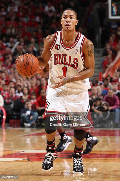 Derrick Rose of the Chicago Bulls drives the ball up court in Game Four of the Eastern Conference Quarterfinals against the Boston Celtics during the...