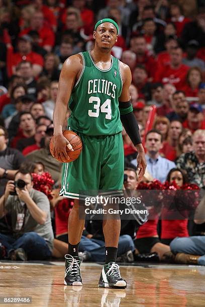 Paul Pierce of the Boston Celtics looks up court in Game Four of the Eastern Conference Quarterfinals against the Chicago Bulls during the 2009 NBA...