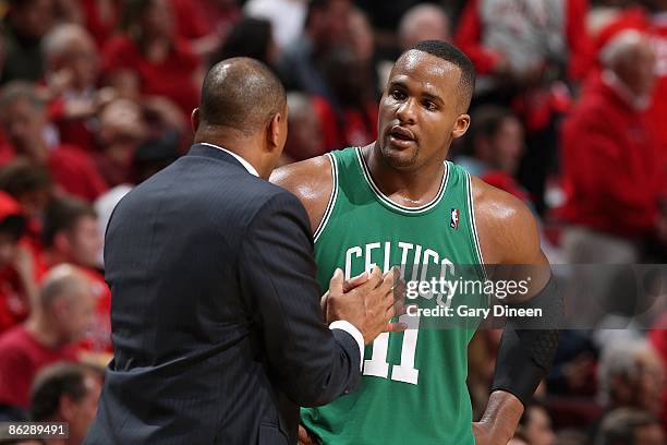 Glen Davis of the Boston Celtics listens to Head Coach Doc Rivers in Game Four of the Eastern Conference Quarterfinals against the Chicago Bulls...