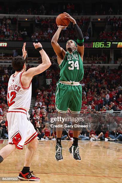 Paul Pierce of the Boston Celtics shoots a jumper against Kirk Hinrich of the Chicago Bulls in Game Four of the Eastern Conference Quarterfinals...