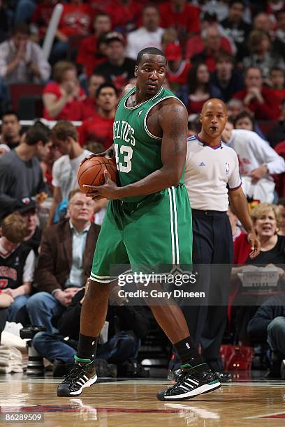Kendrick Perkins of the Boston Celtics moves the ball to the basket in Game Four of the Eastern Conference Quarterfinals against the Chicago Bulls...