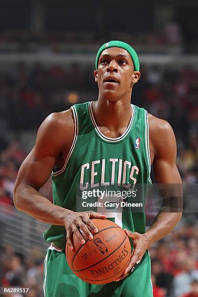 Rajon Rondo of the Boston Celtics shoots a free throw in Game Four of the Eastern Conference Quarterfinals against the Chicago Bulls during the 2009...