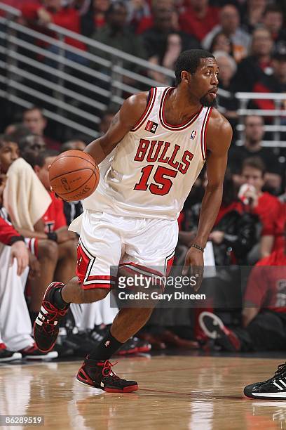 John Salmons of the Chicago Bulls drives the ball to the basket in Game Four of the Eastern Conference Quarterfinals against the Boston Celtics...