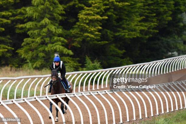 Annie Alexander riding Lord Fandango during a trackwork session at Ballarat Turf Club on October 19, 2017 in Ballarat, Australia. Archie Alexander...