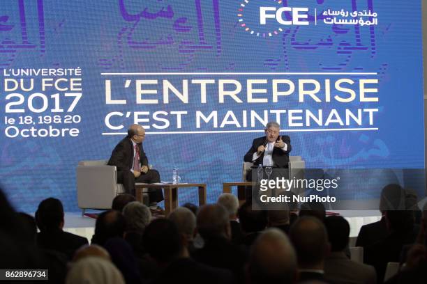 Prime Minister Ahmed Ouyahia speaks at the opening of the third edition of the University of the Forum of Business Leaders in Algiers, Algeria on...