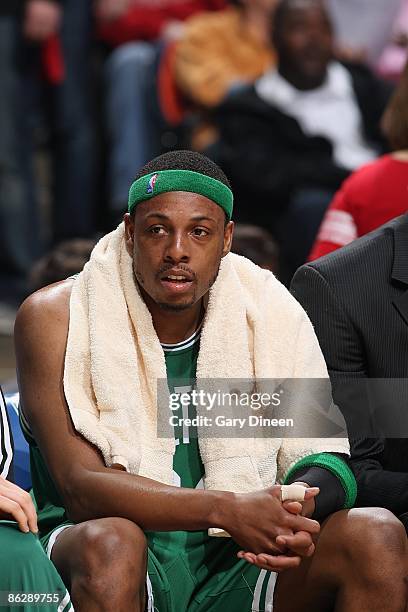 Paul Pierce of the Boston Celtics rests on the sidelines in Game Four of the Eastern Conference Quarterfinals against the Chicago Bulls during the...