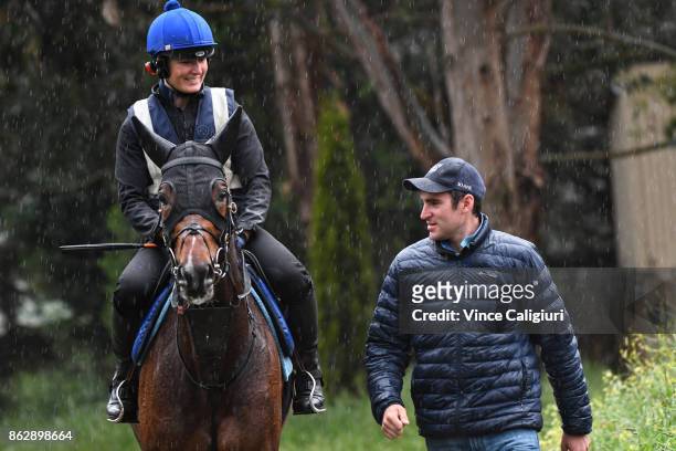 Annie Alexander riding Lord Fandango and Archie Alexander walk back to stables after a trackwork session at Ballarat Turf Club on October 19, 2017 in...