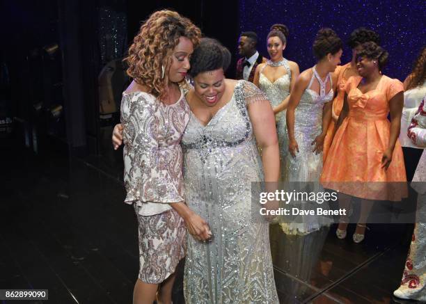 Original Effie White actress Jennifer Holliday poses onstage with cast member Amber Riley of the West End production of "Dreamgirls" at The Savoy...