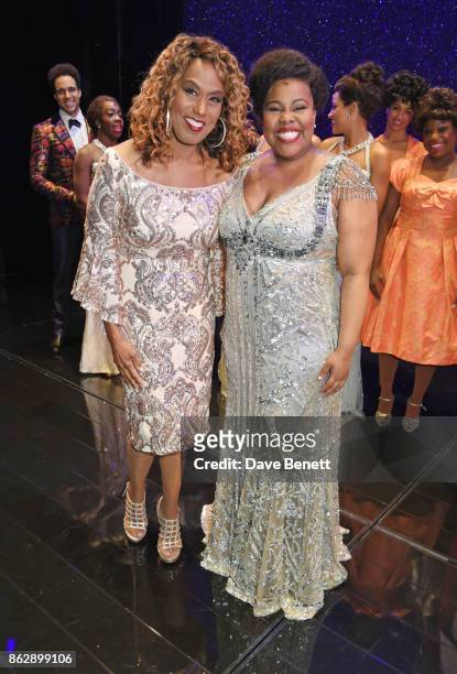 Original Effie White actress Jennifer Holliday poses onstage with cast member Amber Riley of the West End production of "Dreamgirls" at The Savoy...