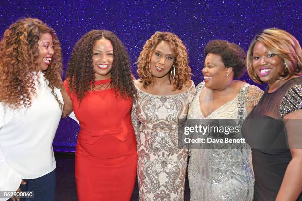 Original Broadway Effie White actress Jennifer Holliday poses onstage with current Effie White actresses Karen Mav, Marisha Wallace, Amber Riley and...