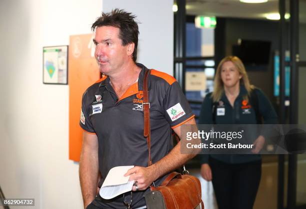 Wayne Campbell, Football Manager of the Giant and Emma Quayle, the first female recruiter in the AFL arrive to attend the AFL Draft Period at Etihad...